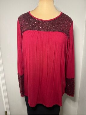 Sun n Moon Red Sequin Yoke & Cuff Long-Sleeve Tunic - A012